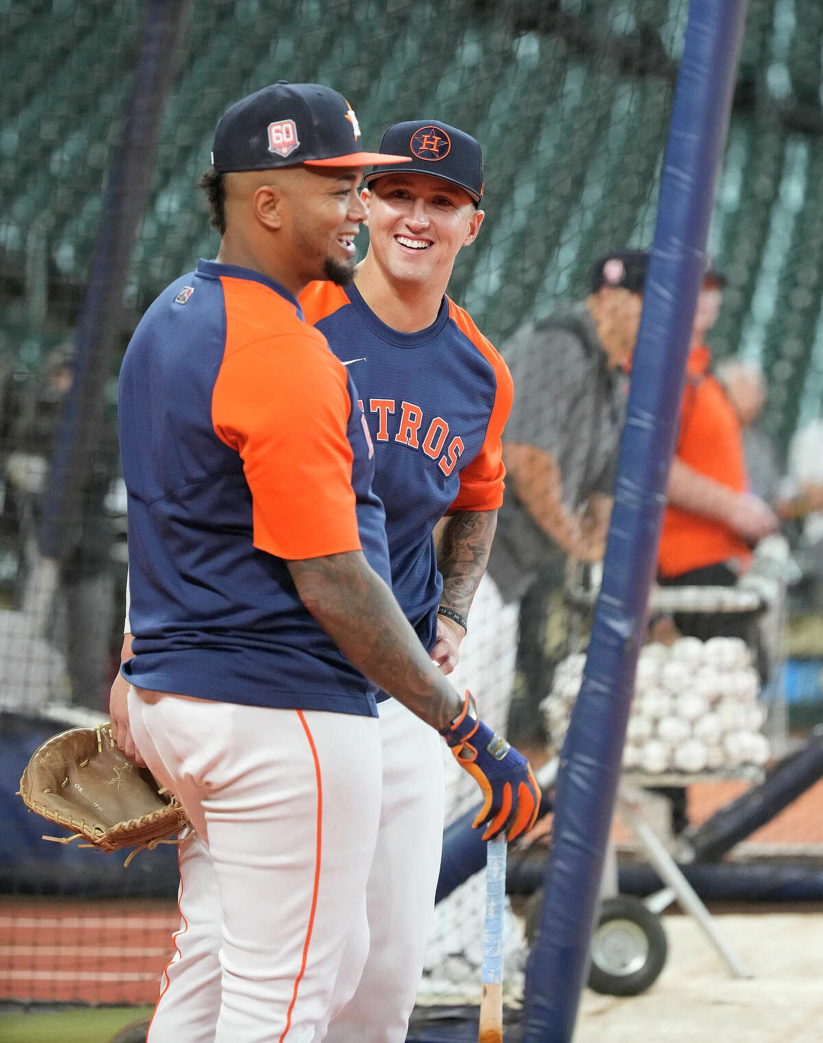 Houston Astros newly brought up Korey Lee, talks with Martin Maldonado during batting practice before the start of an MLB game at Minute Maid Park on Friday, July 1, 2022 in Houston.