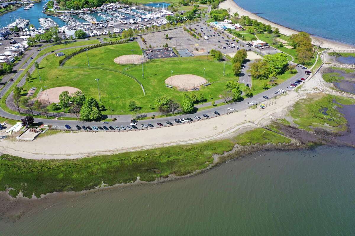A drone view of Calf Pasture Beach. All non-organic pesticides have been banned on Norwalk public land except for certain situations where natural pest killers won’t suffice, such as poison ivy.