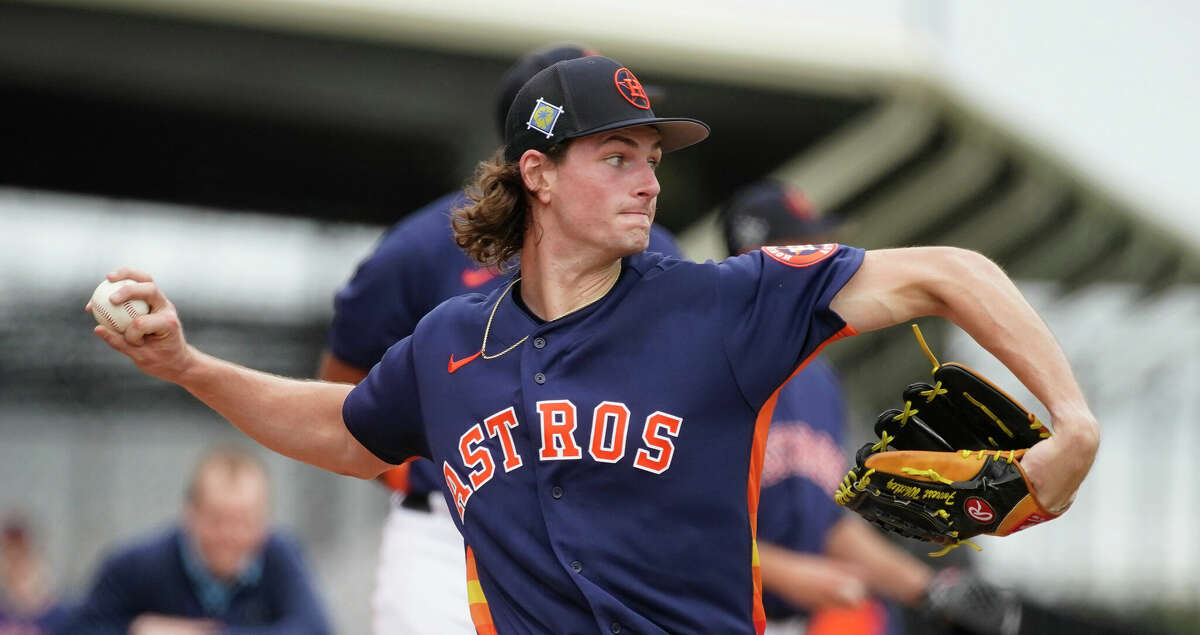 Houston Astros pitcher Forrest Whitley (60) pitches during work outs at the Astros spring training camp at The Ballpark of the Palm Beaches on Tuesday, March 15, 2022 in West Palm Beach .