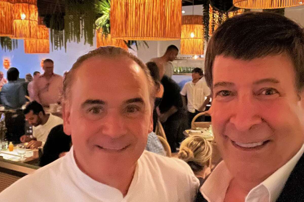 Chef/ restaurateur Jean Georges Vongerichten at The Happy Monkey, his newly opened restaurant on Greenwich Avenue, with WOR-AM radio host and Greenwich resident Mark Simone on June 24.