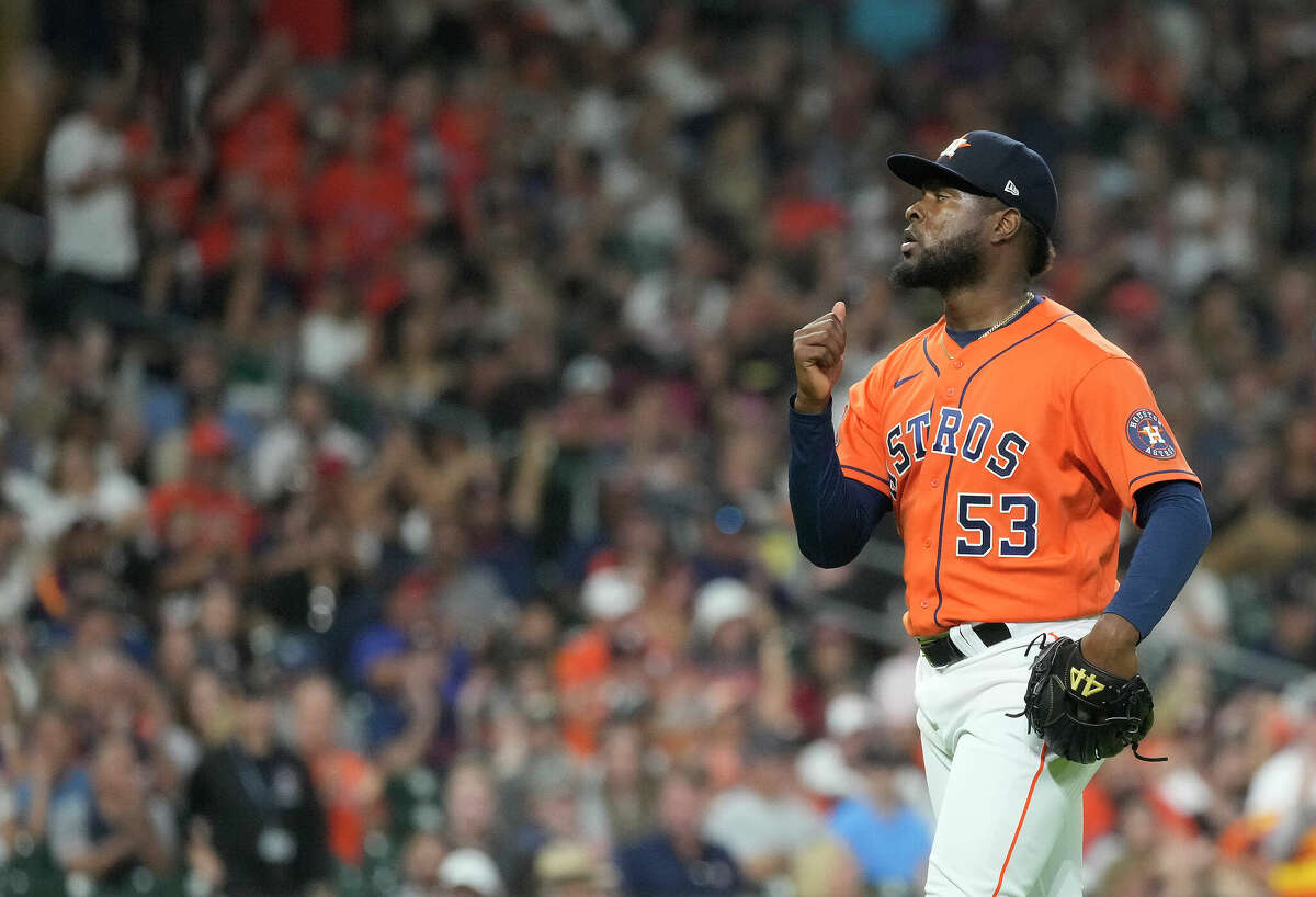 Houston Astros starting pitcher Cristian Javier (53) reacts after striking out Los Angeles Angels Jared Walsh (20) for his 14th strikeout of the night during the seventh inning of an MLB game at Minute Maid Park on Friday, July 1, 2022 in Houston.