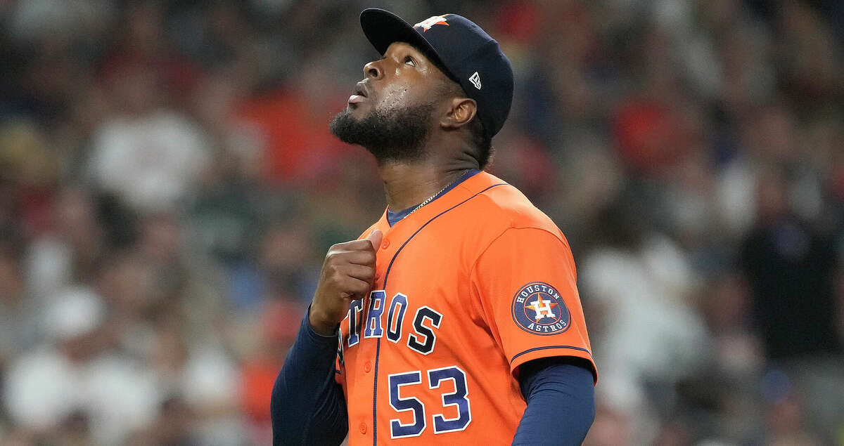 Houston Astros starting pitcher Cristian Javier (53) reacts after striking out Los Angeles Angels Jared Walsh (20) to end the top of the fourth inning of an MLB game at Minute Maid Park on Friday, July 1, 2022 in Houston.