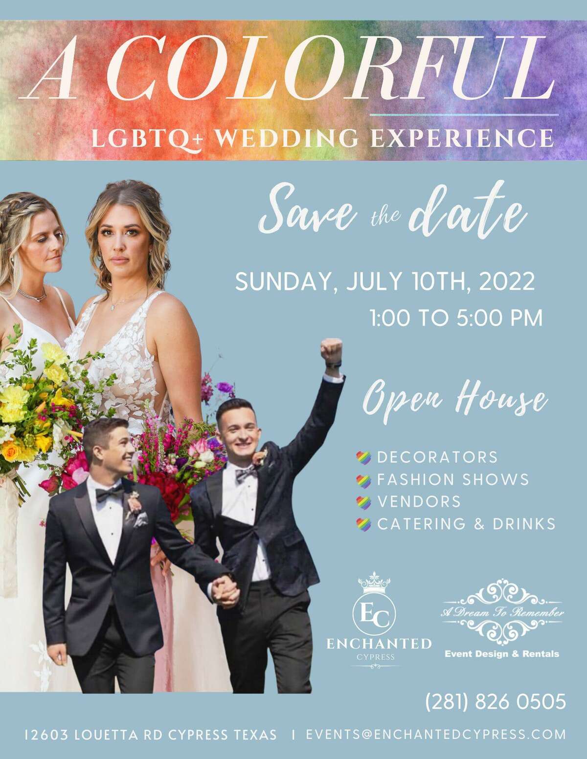 A Colorful LGBTQ+ Wedding Experience brings business owned by allies and members of the gay community, allowing LGBTQ+ couples to plan for their wedding in a safe environment at Enchanted Cypress.