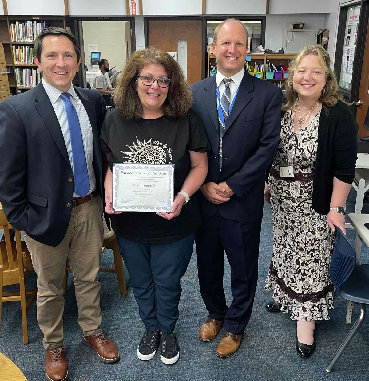 Trumbull Public School Paraprofessional of the Year 2023 Melissa Daniele (second from left) with Hillcrest Middlle School Principal Bryan Rickert, Superintendent Marty Semmel, and Assistant Superintendent Susan Iwanicki. Daniele was presented with district recognition June 10, 2022.