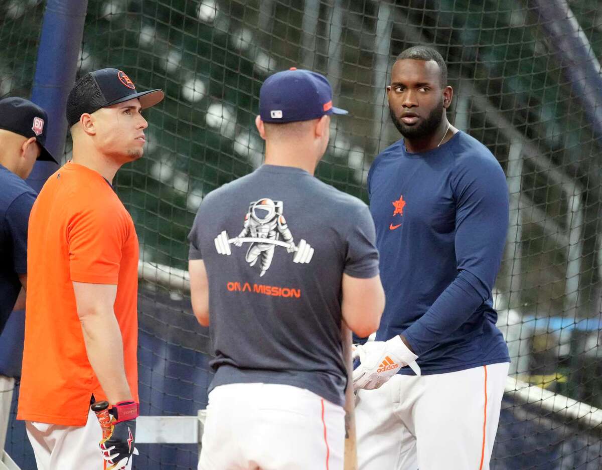 Houston Astros Yordan Alvarez during batting practice before the start of an MLB game at Minute Maid Park on Saturday, July 2, 2022 in Houston.