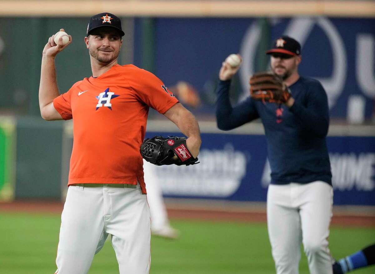 Houston Astros pitcher Jake Odorizzi throws during batting practice before the start of an MLB game at Minute Maid Park on Saturday, July 2, 2022 in Houston.