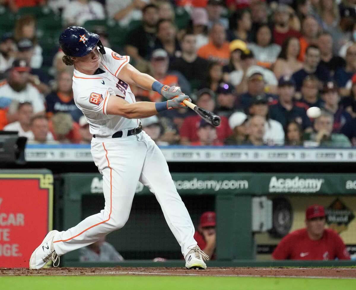 Houston Astros Jake Meyers (6) hits an RBI single off Los Angeles Angels starting pitcher Patrick Sandoval during the first inning of an MLB game at Minute Maid Park on Saturday, July 2, 2022 in Houston.