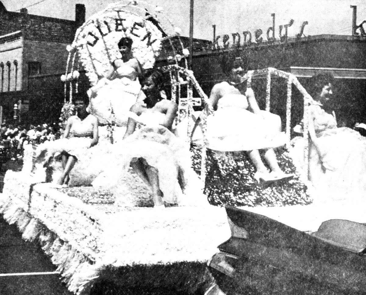 The queen and her court ride on the 1962 Manistee National Forest Festival float. (From left) Mary Gielczyk, Margaret Raskey, Lynette Raatz, Queen Karen Orsick and Marilyn Harthun. The photo was published in the News Advocate on July 5, 1962.