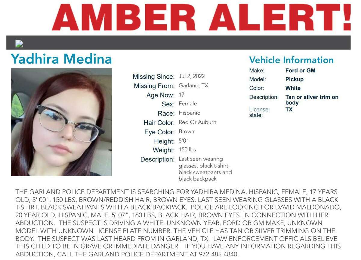 An Amber Alert was issued Sunday for Yadhira Medina, 17, who was last seen at 8:20 p.m. Saturday in Garland, Texas.