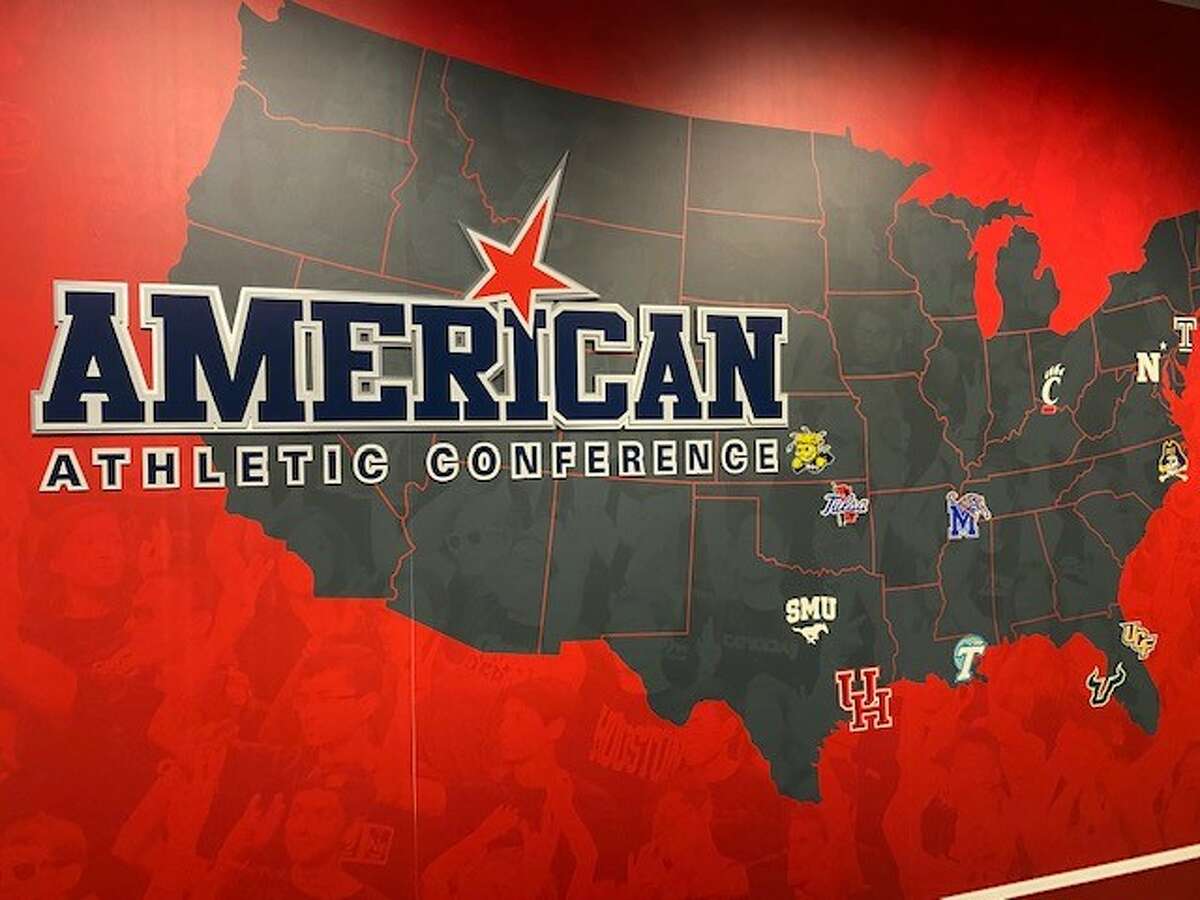 A map depicting locations of the AAC membership inside the University of Houston’s Athletics-Alumni Center will need to be updated as the school joins the Big 12 in 2023.