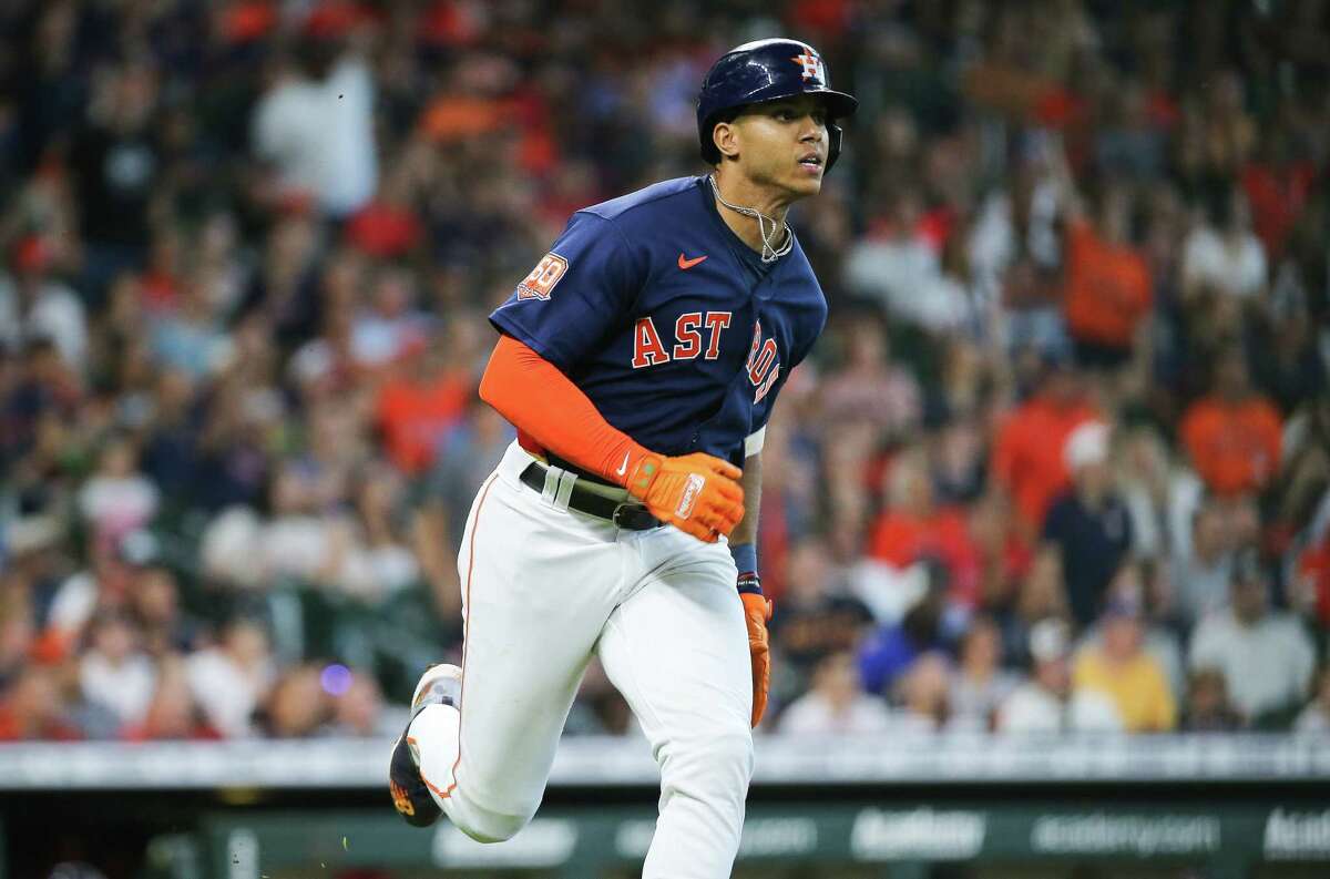 Houston Astros shortstop Jeremy Pena (3) hits a solo home run Los Angeles Angels starting pitcher Jose Suarez (54) during the bottom fourth inning of an MLB game Sunday, July 3, 2022, at Minute Maid Park in Houston.