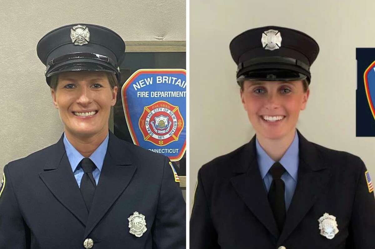 Newly promoted New Britain fire lieutenants, Petra Chesanek, left, and Lauren Burns.