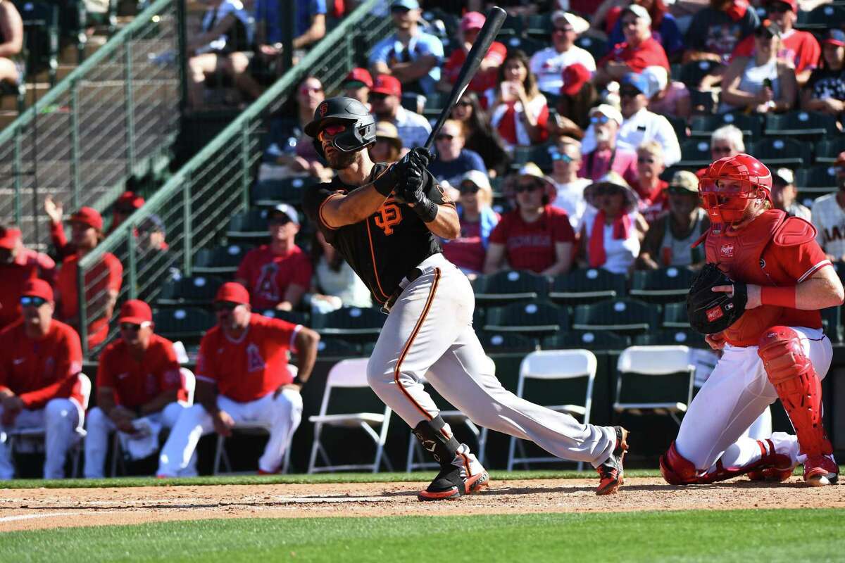 David Villar of the San Francisco Giants during a game vs the Los Angeles Angels on Sunday March 27, 2022 at Tempe Diablo Stadium in Tempe, AZ.