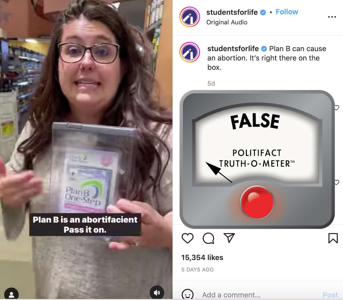 Anti-abortion college group Students for Life posted a video falsely saying that "Plan B can cause an abortion."