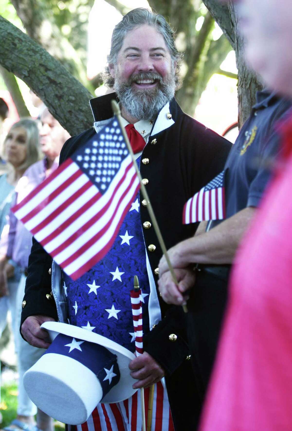 John Ferris Robben, of Riverside, dresses as Uncle Same at the Fourth of July Celebration at Greenwich Town Hall in Greenwich, Conn. Monday, July 4, 2022. Presented by the Independence Day Association of Greenwich, the ceremony featured various readings and songs, a raising of the Colonial flag, recognition of the original Greenwich settlers, and reading of the names of Greenwich soldiers killed in the Revolutionary War.