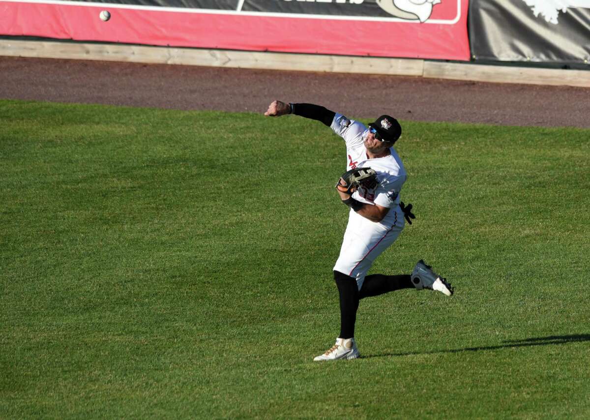 Tri-City ValleyCats right fielder Carson McCusker throws back to base after making a catch in the outfield against the Ottawa Titans on Monday, July 4, 2022, at Joesph L. Bruno Stadium in Troy, N.Y.