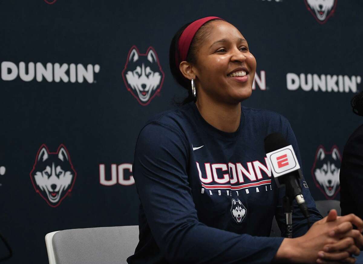 Team USA player and former UConn star Maya Moore meets with the media during halftime of an exhibition game between Team USA and the UConn women’s basketball team at the XL Center in Hartford, Conn. on Jan. 27, 2020. Moore revealed on Tuesday that she gave birth to the couple’s first child in February.