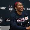 Team USA player and former UCONN star Maya Moore meets with the media during halftime of an exhibition game between Team USA and the UCONN women's basketball team at the XL Center in Hartford, Conn. on Monday January 27, 2020.
