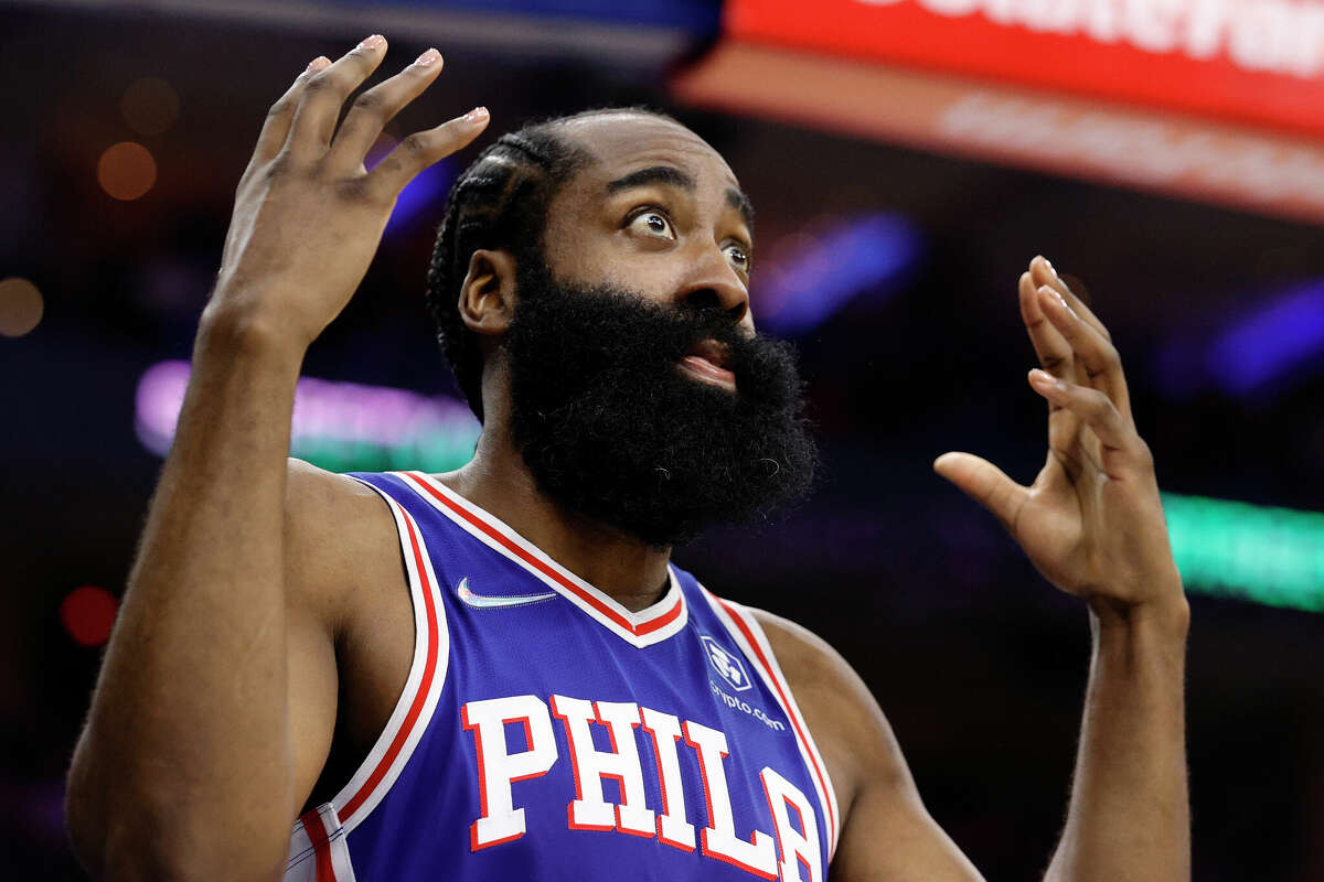 James Harden (1) of the Philadelphia 76ers reacts during the second quarter against the Toronto Raptors during Game 1 of the Eastern Conference First Round at Wells Fargo Center on April 16, 2022 in Philadelphia, Pennsylvania.