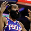James Harden (1) of the Philadelphia 76ers reacts during the second quarter against the Toronto Raptors during Game 1 of the Eastern Conference First Round at Wells Fargo Center on April 16, 2022 in Philadelphia, Pennsylvania.