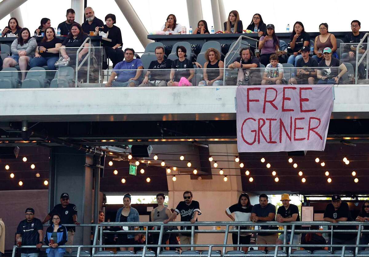 LOS ANGELES, CALIFORNIA - JULY 01: A sign for Brittney Griner during a game between Portland Thorns FC and Angel City FC at Banc of California Stadium on July 01, 2022 in Los Angeles, California. (Photo by Ronald Martinez/Getty Images)
