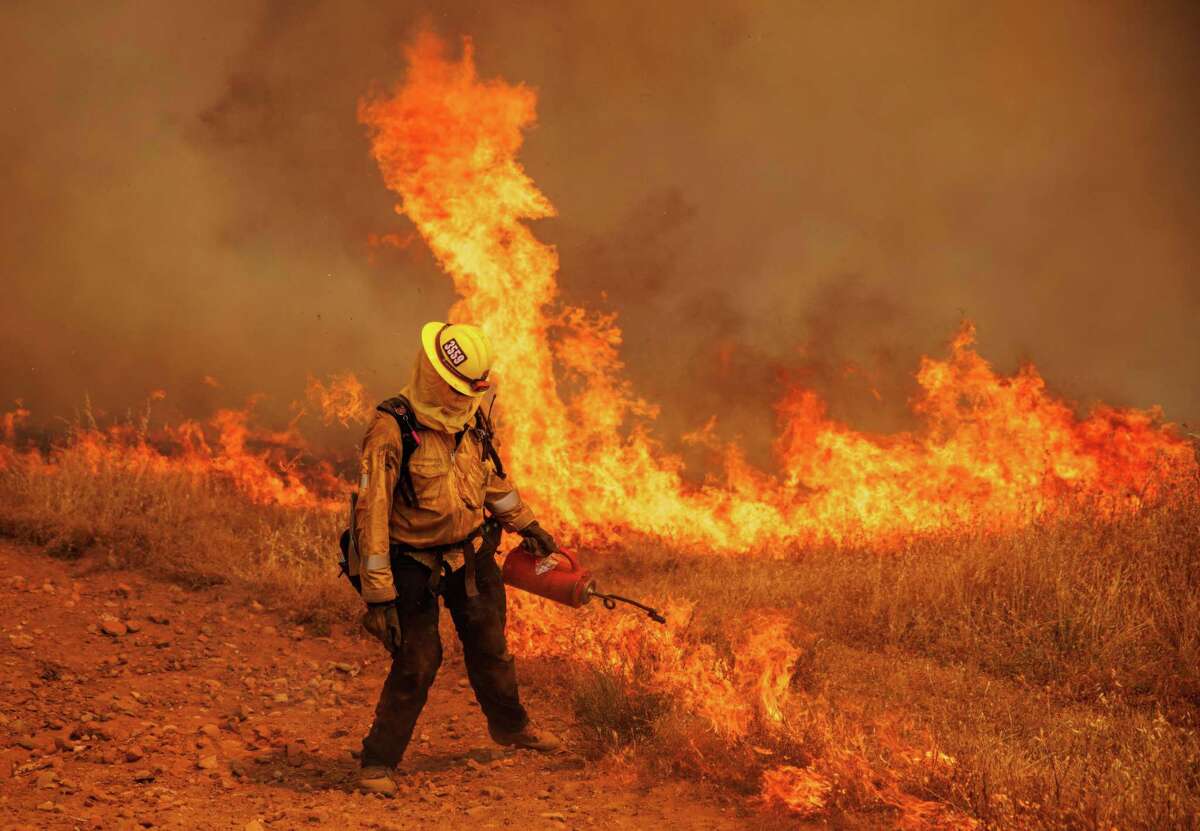 A firefighter uses a drip torch while battling the Electra Fire burning off of Quail Drive in Pine Arcres, Calif., on Tuesday, Jul. 05, 2022.
