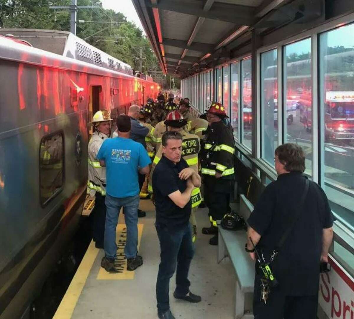 First responders rescued a woman who fell between the train and platform at the Springdail Train State on Hope Street Tuesday night.