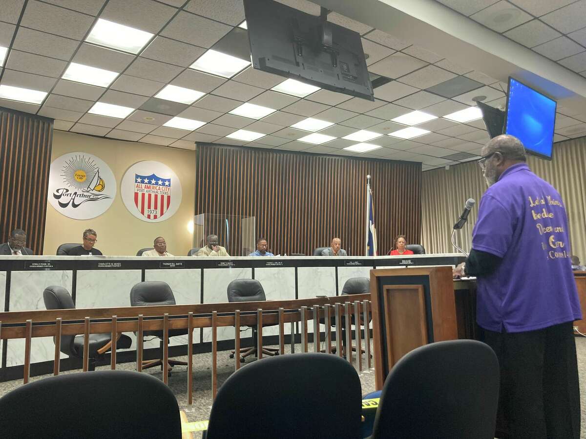 Hardner Williams, a representative from United Citizens of Port Arthur, speaks to the city council and about returning to the plurality voting system, July 5.