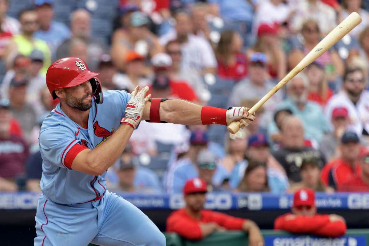 St. Louis Cardinals' Paul Goldschmidt (46) in action during a baseball game against the Philadelphia Phillies, Saturday, July 2, 2022, in Philadelphia. (AP Photo/Laurence Kesterson)