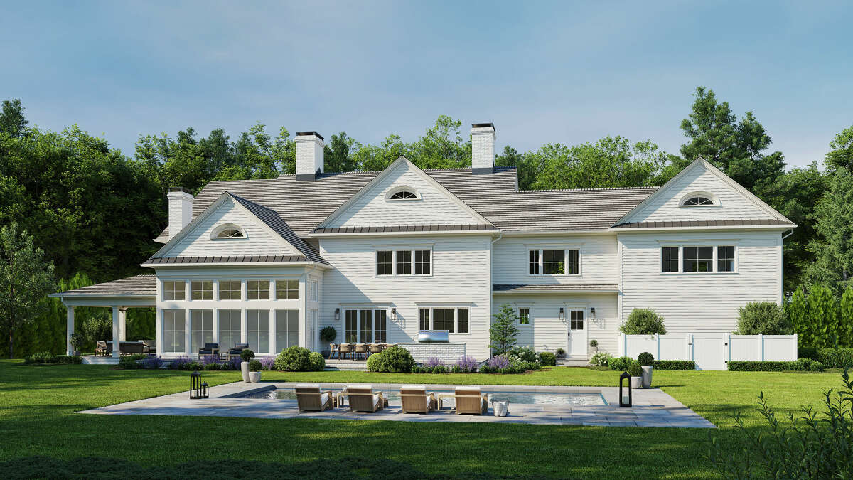 This rendering depicts the under-construction six-bedroom home being built at 7 Cherry Blossom Lane in Greenwich. The 2.02-acre property sits adjacent to more than 11 acres of protected conservation land. Houlihan Lawrence represents the seller, who is asking $6.495 million. 