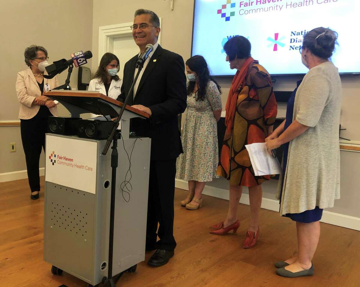 U.S. Department of Health and Human Services Secretary Xavier Becerra, joined by local officials and parents, speaks Wednesday in New Haven about COVID-19 vaccines for children under five.