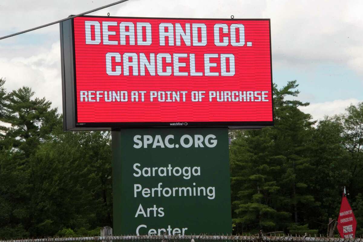 Sign notifying fans of the Dead and Company show’s cancelation at Saratoga Performing Arts Center on Wednesday, July 6, 2022 in Saratoga Springs, N.Y.