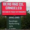 Sign notifying fans of the Dead and Company show’s cancelation at Saratoga Performing Arts Center on Wednesday, June 6, 2022 in Saratoga Springs, N.Y.