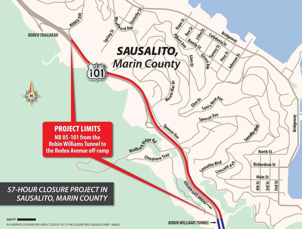 A full two lanes of a four-lane stretch on northbound Highway 101 in California's Marin County will be closed for 57 hours, July 8 to July 11, for repairs, Caltrans said.