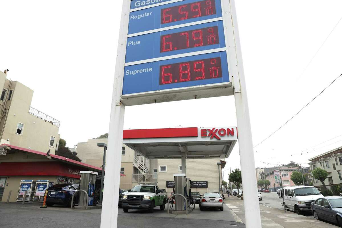 Gas prices are displayed at an Exxon gas station Tuesday in San Francisco. Gas prices have dropped by about 10 cents at gas stations in the Bay Area in the past week, but it’s unclear how long the downward trend will last, petroleum-industry experts said Wednesday.
