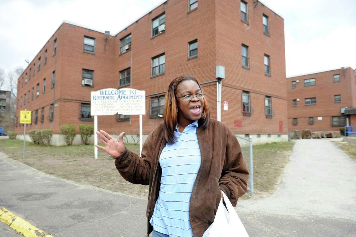 Malika Mosley, president of the tenants' association, talks about the issues she sees at the Riverside Apartment complex in Ansonia, Conn., on Thursday, April 7, 2011.