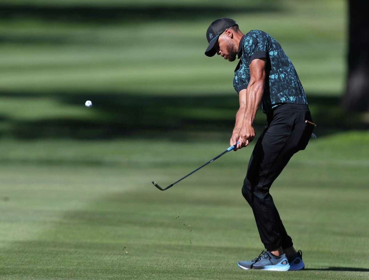 SOUTH LAKE TAHOE, NEVADA - JULY 11: NBA athlete Steph Curry hits from the second hole during the final round of the American Century Championship at Edgewood Tahoe South golf course on July 11, 2020 in South Lake Tahoe, Nevada. (Photo by Jed Jacobsohn/Getty Images)