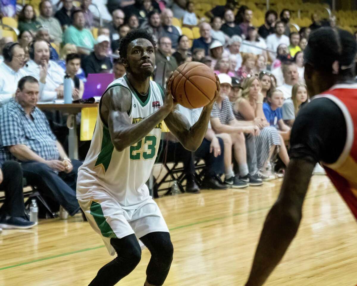 Albany Patroons guard Kameron Williams takes a jumper during The Basketball League finals against the Shreveport Mavericks at the Washington Avenue Armory in Albany, NY, on Wednesday, July 6, 2022. (Jim Franco/Special to the Times Union)