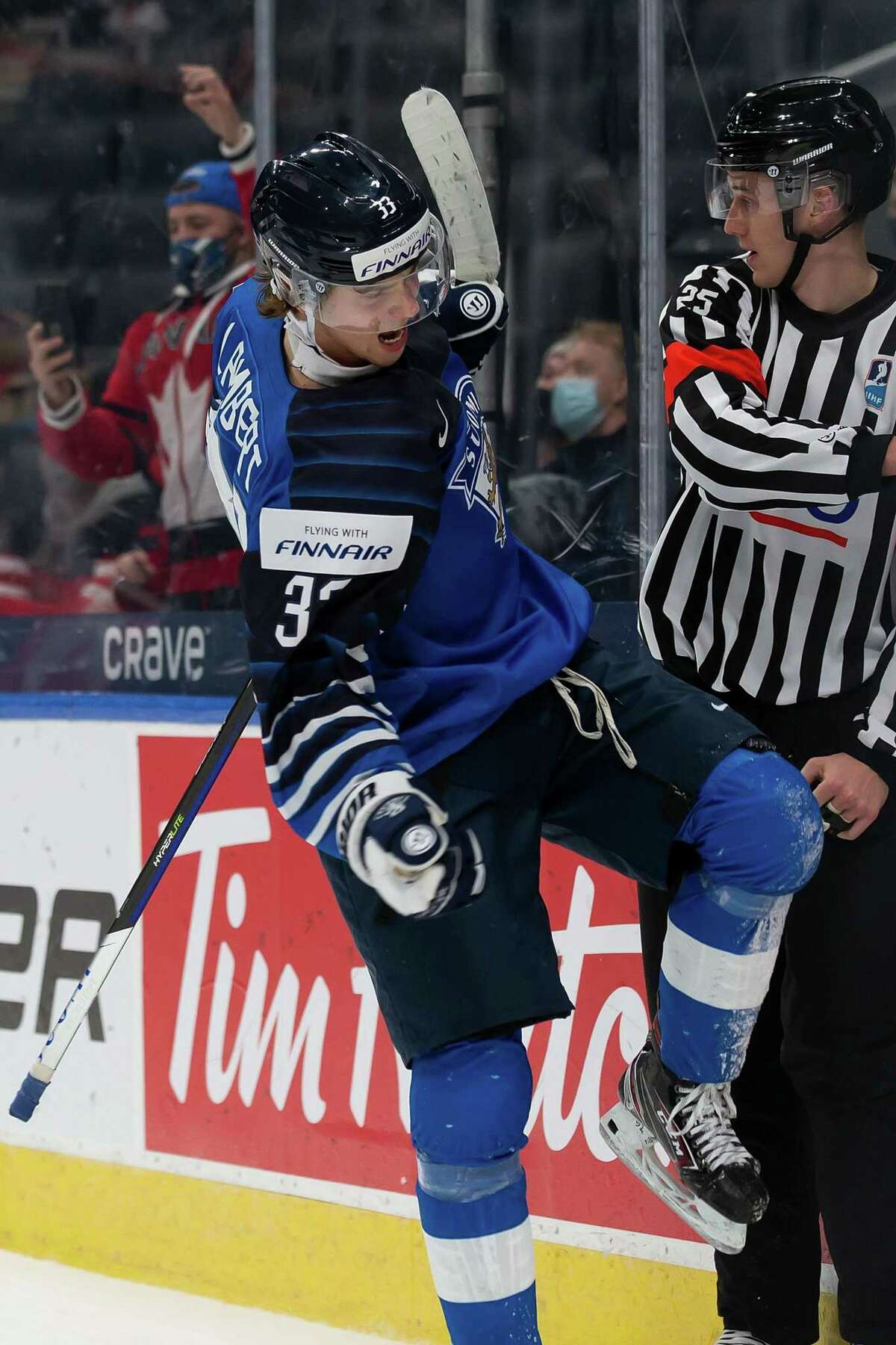 EDMONTON, AB - DECEMBER 26: Brad Lambert #33 of Finland celebrates a goal against Austria in the third period during the 2022 IIHF World Junior Championship at Rogers Place on December 27, 2021 in Edmonton, Canada. (Photo by Codie McLachlan/Getty Images)