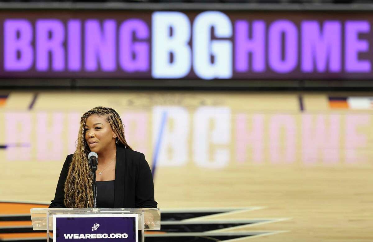 PHOENIX, ARIZONA - JULY 06: Cherelle Griner, the wife of Brittney Griner, speaks during a rally to support the release of detained American professional athlete Britney Griner at Footprint Center on July 06, 2022 in Phoenix, Arizona. WNBA star and Phoenix Mercury athlete Brittney Griner was detained on February 17 at a Moscow-area airport after cannabis oil was allegedly found in her luggage. (Photo by Christian Petersen/Getty Images)