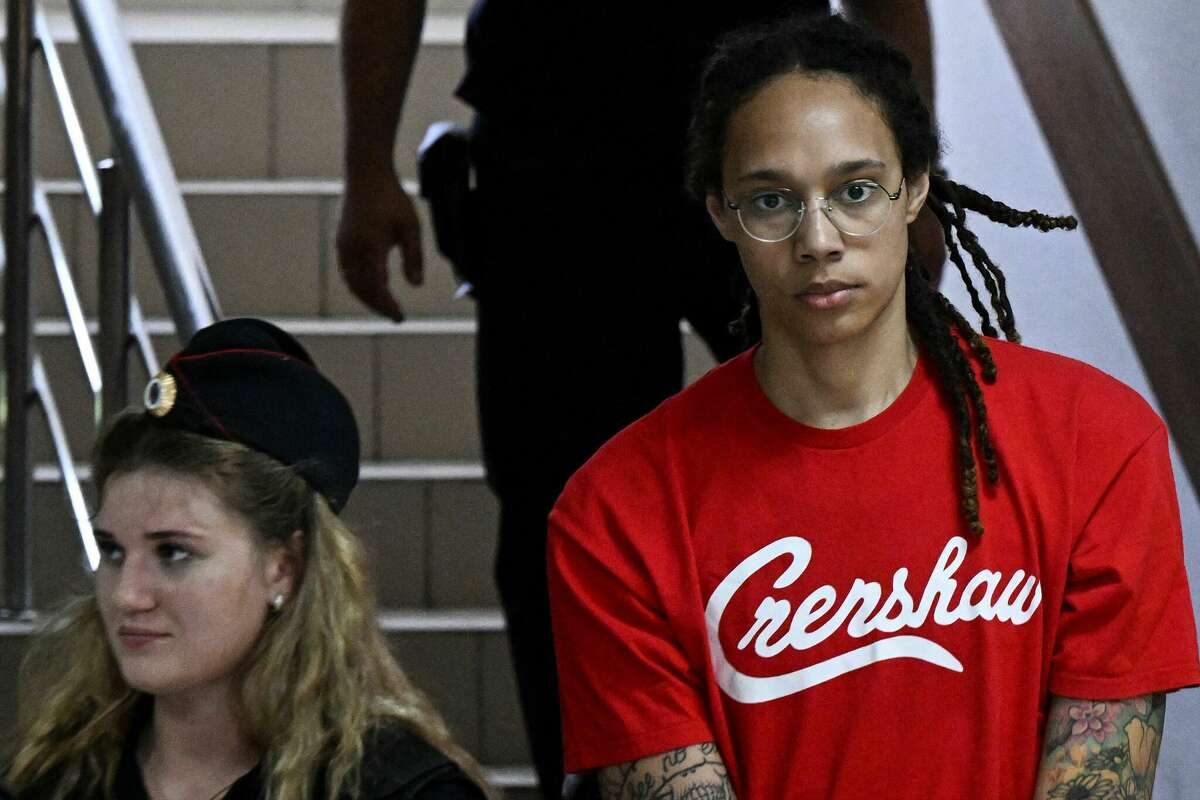 US WNBA basketball superstar Brittney Griner arrives to a hearing at the Khimki Court, outside Moscow on July 7, 2022. - Griner, a two-time Olympic gold medallist and WNBA champion, was detained at Moscow airport in February on charges of carrying in her luggage vape cartridges with cannabis oil, which could carry a 10-year prison sentence. (Photo by Kirill KUDRYAVTSEV / AFP) (Photo by KIRILL KUDRYAVTSEV/AFP via Getty Images)