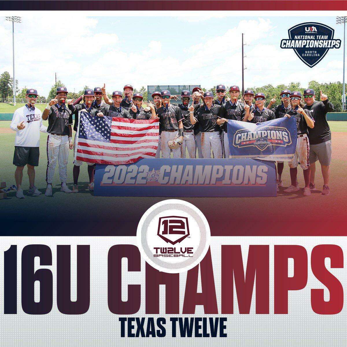 Texas Twelve won the 16U National Team Championships, June 21-25 at the USA Baseball National Training Complex in Cary, North Carolina. The team won six of seven games, outscoring opponents 37-19.