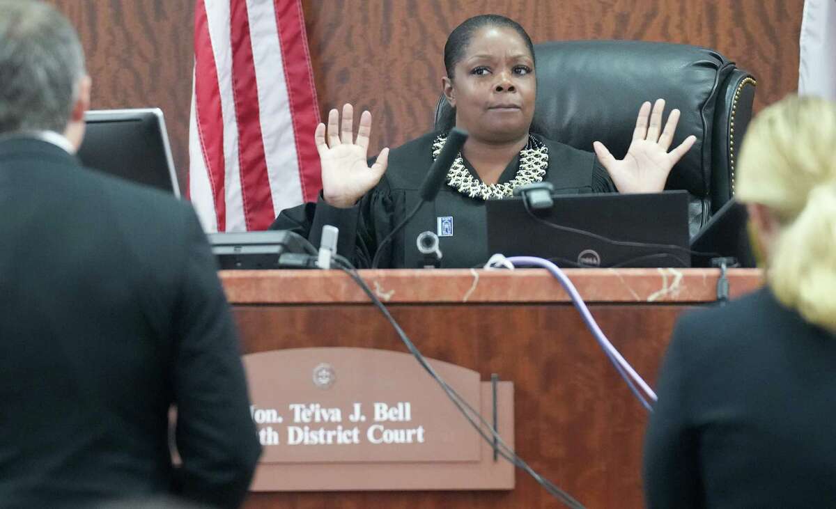 Harris County District Judge Te’iva J. Bell reacts to arguments about subpoenaed documents in regards to the Itani Milleni mistrial on Thursday, July 7, 2022 in Houston. Hon. Bell asked to lawyers to work the civil issues outside the criminal court and set a new trial date in September.