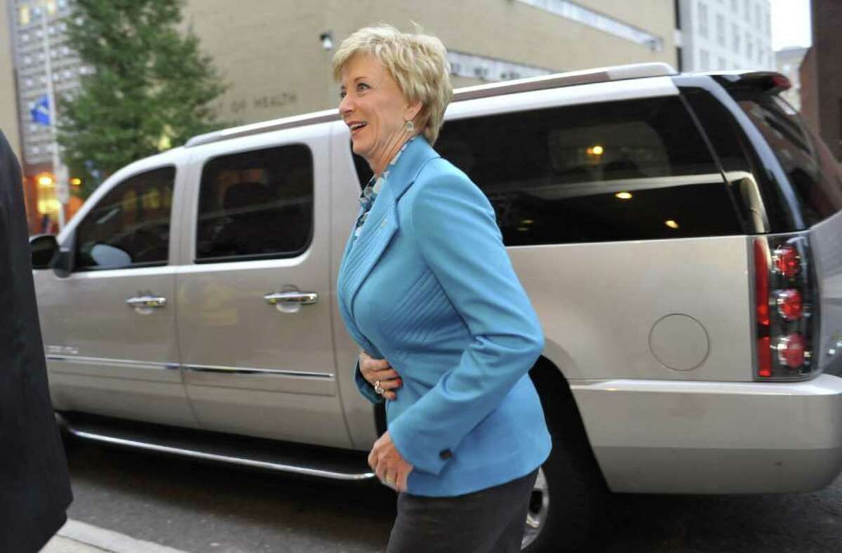Republican U.S. Senate candidate Linda McMahon arrives at The Bushnell theater for her debate against Democratic candidate Richard Blumenthal in Hartford, Conn., on Monday, Oct. 4, 2010. (AP Photo/Jessica Hill)