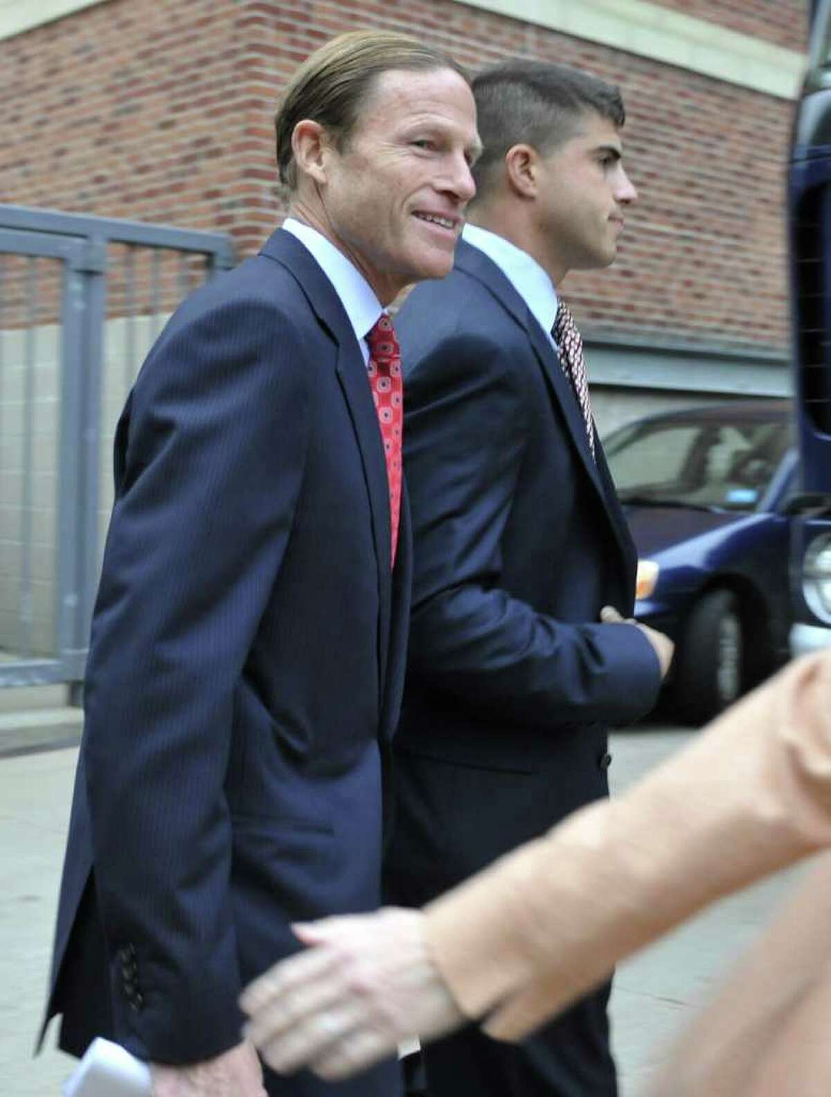 Democratic candidate for U.S. Senate Richard Blumenthal arrives at The Bushnell theater prior to a debate with Republican candidate Linda McMahon in Hartford, Conn., on Monday, Oct. 4, 2010. (AP Photo/Jessica Hill)