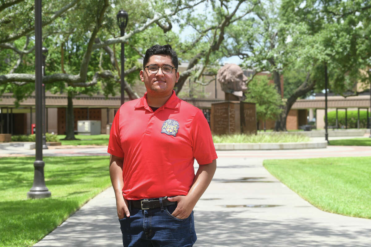 Julio Delgado is battling red tape and more as he tries to make his way back into Lamar University and hold on to his needed scholarship funds. Delgado had to withdraw over a year ago to help his family after they battled COVID, which ultimately took the life of his younger brother. Photo made Thursday, July 7, 2022. Kim Brent/The Enterprise