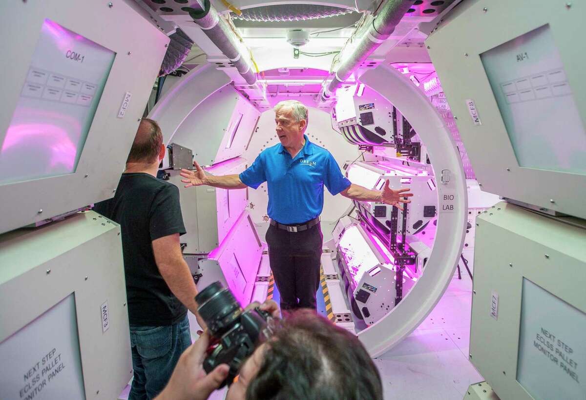 Former NASA astronaut Steve Lindsey leads a tour of an inflatable space habitat designed by the Sierra Nevada Corporation at Johnson Space Center in Houston. NASA declined to say whether it is the habitat being tested on Saturday, Jul. 9, 2022, citing “proprietary and confidential” information.