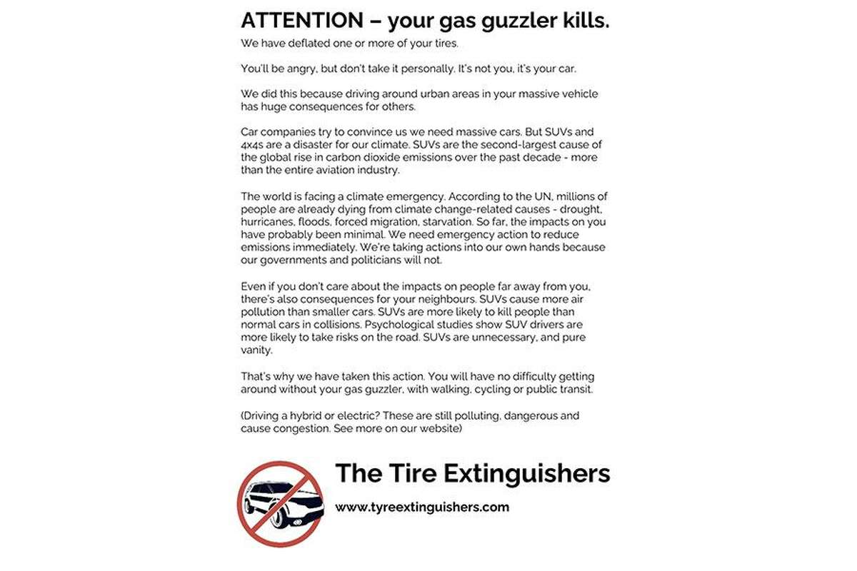 Leaflet from The Tire Extinguishers, a climate activist group. A similar letter was reportedly found in Vacaville.