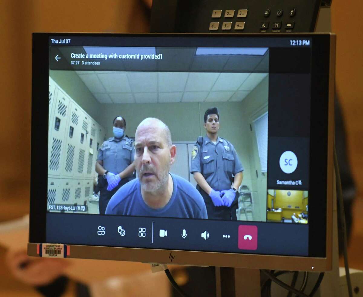 Darien's Carl Ferraro, 57, attends his court hearing virtually at Connecticut Superior Court in Stamford, Conn. Thursday, July 7, 2022. Ferraro allegedly stole more than $1.85 million from clients of his Norwalk law practice while holding their money in escrow from real estate transactions. He is being charged with eight counts of first-degree larceny.