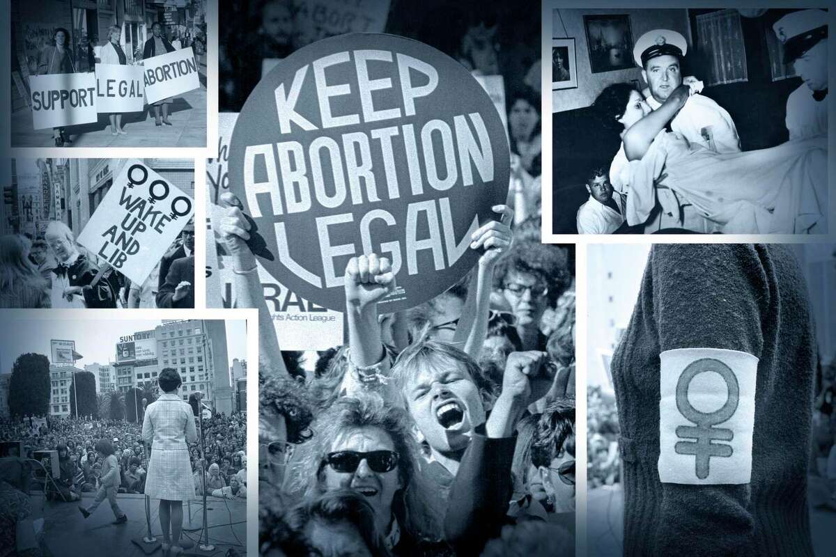 Images from events related to abortion rights, including demonstrations in support of legal abortion and women’s rights in San Francisco in the 1970s and ’80s; and the 1935 removal of a woman (top right) from a San Francisco apartment in which illegal abortions were performed.